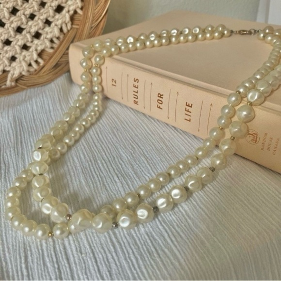 Baroque Pearl Two Strand Necklace Vintage “Tamar”  25” Statement Gold Silver - Picture 4 of 12